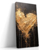 Bold gold impasto heart with paint drips on near-black background, dramatic romantic canvas wall art for bedroom