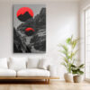 Two red circular orbs over greyscale mountain canyon, bold mixed-media wall art canvas for living room or home office