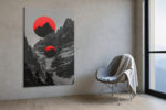 Two red circular orbs over greyscale mountain canyon, bold mixed-media wall art canvas for living room or home office
