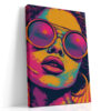 Woman's close-up pop art portrait in amber, magenta and teal, bold halftone illustration canvas for living room