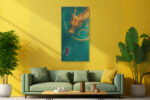 East Asian serpentine dragon in golden amber and deep teal over red-robed figure, dramatic fantasy portrait canvas