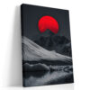 Vivid red sun behind a snow-capped mountain peak in silver-grey and charcoal, bold moody digital art canvas print