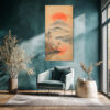 Volcanic mountain and red sun disc over a reflective lake, Japanese watercolor style wall art canvas for bedroom