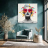 Black-and-white woman portrait with vivid molecular structures, red sunglasses, blue lips, bold mixed-media canvas