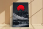 Vivid red sun behind a snow-capped mountain peak in silver-grey and charcoal, bold moody digital art canvas print