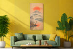 Volcanic mountain and red sun disc over a reflective lake, Japanese watercolor style wall art canvas for bedroom