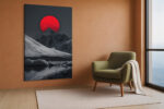 Vivid red sun behind a snow-capped mountain peak in silver-grey and charcoal, bold moody digital art canvas print