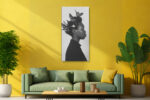 Side-profile portrait with birds and blossoms in natural hair, black and white digital art canvas for living room