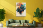 Solitary figure beneath a floating East Asian pavilion, burnt orange clouds and ink-drip lines, portrait canvas wall art
