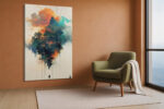 Solitary figure beneath a floating East Asian pavilion, burnt orange clouds and ink-drip lines, portrait canvas wall art