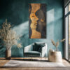 Stylized female face profile in amber gold and charcoal, dramatic mixed-media portrait canvas for bedroom or living room