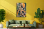 Giant octopus over city skyscrapers in terracotta and dark teal, bold mixed-media canvas for living room