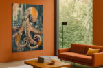 Giant octopus over city skyscrapers in terracotta and dark teal, bold mixed-media canvas for living room
