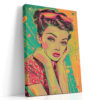 Bold pop art portrait of a woman in cat-eye sunglasses, teal and amber split background, digital art canvas print