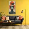Monochrome woman with black crow and red-orange sun circles, bold mixed-media portrait canvas wall art