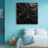 Abstract swirling waves with gold accent lines and spheres on near-black background, bold wall art canvas for living room
