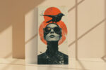Monochrome woman with black crow and red-orange sun circles, bold mixed-media portrait canvas wall art