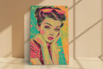 Bold pop art portrait of a woman in cat-eye sunglasses, teal and amber split background, digital art canvas print