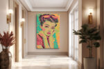 Bold pop art portrait of a woman in cat-eye sunglasses, teal and amber split background, digital art canvas print