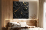 Abstract swirling waves with gold accent lines and spheres on near-black background, bold wall art canvas for living room