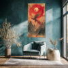 Mythical phoenix in flight against a crimson sun and gold moon, ink-style wall art canvas for living room or dining room