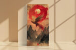Mythical phoenix in flight against a crimson sun and gold moon, ink-style wall art canvas for living room or dining room