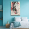 Woman portrait with cherry blossom branches and ink splatter in pink, red and charcoal, mixed-media canvas wall art