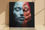 Split-face portrait in pale blue and terracotta, closed eyes with flowing paint, digital art canvas for living room