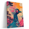 Crowned crane bird with teal plumage and pink blossoms in vivid orange and teal, bohemian wall art canvas