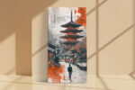 Lone traveller on a Kyoto street facing a red-orange pagoda, mixed-media canvas with paint splatter overlay