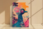 Crowned crane bird with teal plumage and pink blossoms in vivid orange and teal, bohemian wall art canvas