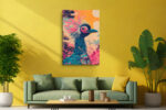 Crowned crane bird with teal plumage and pink blossoms in vivid orange and teal, bohemian wall art canvas