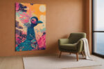 Crowned crane bird with teal plumage and pink blossoms in vivid orange and teal, bohemian wall art canvas