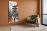 Lone traveller on a Kyoto street facing a red-orange pagoda, mixed-media canvas with paint splatter overlay