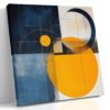 Bold geometric abstract with amber orange circle and dark navy shapes, contemporary mixed-media canvas wall art