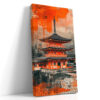 Kyoto pagoda in vivid orange-red over monochrome cityscape, mixed-media newspaper collage canvas for contemporary living room