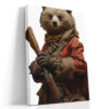 Anthropomorphic bear in crimson military coat holding a musket, bold digital art portrait canvas print