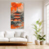 Kyoto pagoda in vivid orange-red over monochrome cityscape, mixed-media newspaper collage canvas for contemporary living room
