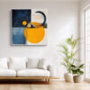 Bold geometric abstract with amber orange circle and dark navy shapes, contemporary mixed-media canvas wall art