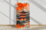 Kyoto pagoda in vivid orange-red over monochrome cityscape, mixed-media newspaper collage canvas for contemporary living room