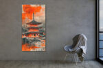 Kyoto pagoda in vivid orange-red over monochrome cityscape, mixed-media newspaper collage canvas for contemporary living room