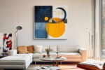 Bold geometric abstract with amber orange circle and dark navy shapes, contemporary mixed-media canvas wall art