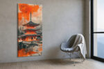 Kyoto pagoda in vivid orange-red over monochrome cityscape, mixed-media newspaper collage canvas for contemporary living room