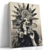 Monochromatic mixed-media female figure with spiked headdress and mask overlay, bold eclectic portrait canvas print