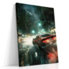 Red sports car racing through a rain-soaked night city in deep teal and neon, bold digital art canvas print