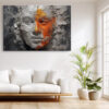 Cracked plaster face with vivid orange paint drips, dramatic digital art canvas for living room or home office