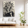 Monochromatic mixed-media female figure with spiked headdress and mask overlay, bold eclectic portrait canvas print