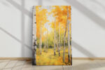 Birch tree trunks in golden amber and off-white impasto oil painting, autumn forest wall art canvas for living room