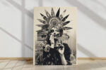 Monochromatic mixed-media female figure with spiked headdress and mask overlay, bold eclectic portrait canvas print