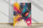 Abstract acrylic paint burst in vivid yellow, magenta, and cyan on dark navy, bold wall art canvas for living room